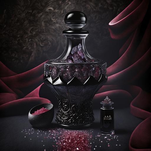 Baccarat for Lanvin black salt, black cherry petunia and frankinsence potion bottle, magical symbols, mortar and pestle with black salt, luxury product photography, raking light, dramatic lighting, ornate --v 4 --q 2