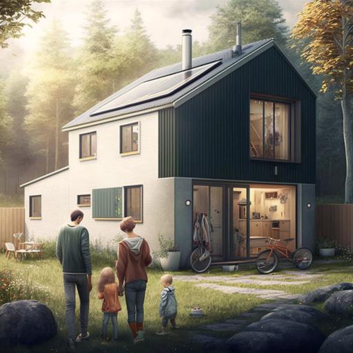 Generate a digital art of a young family compensating their cabon emissions by renovating their house and making it more sustainable and climate friendly   ultra hd   detailed   realistic