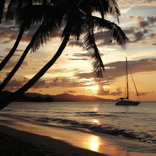 Background: A photo of a tropical bay with a pristine golden sandy beach stretching out into the distance. The silhouette of a solitary 40 foot sailing boat can be seen in the distance at anchor in the bay. Its sails cannot be seen. Midground: Coconut palm trees can be seen swaying gently in the breeze and adding to the tropical ambiance. Foreground: The setting sun casts a warm glow on the beach and very gentle waves. Sky: A mesmerizing blend of red, orange and yellow hues reflect under the clouds as the sun dips below the horizon in the west.