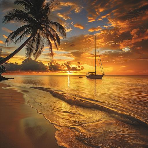 Background: A photo of a tropical bay with a pristine golden sandy beach stretching into the distance. A solitary 40 foot sailing boat sits at anchor in the bay. The sails cannot be seen. Foreground: The setting sun casts a warm glow. Midground: Palm trees swaying gently in the breeze, providing shade and adding to the tropical ambiance. Sky: A mesmerizing blend of red, orange and yellow hues as the sun dips below the horizon in the west.