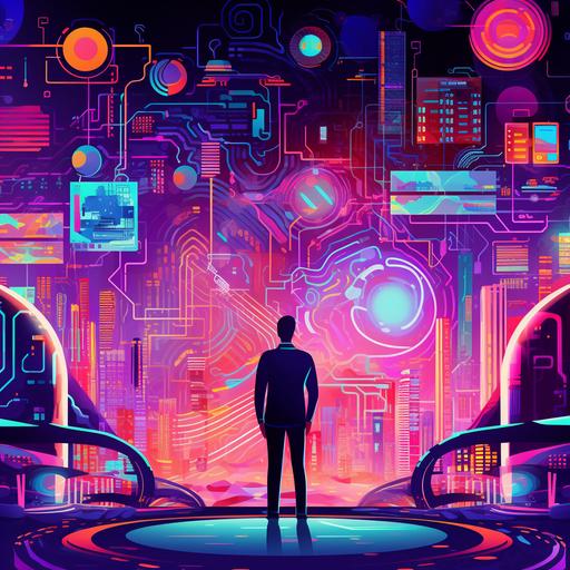Background: A vibrant and dynamic background featuring a digital landscape with futuristic elements. This represents the digital economy and the exciting world of online entrepreneurship. Focal Point: In the center of the picture, there is an AI-driven instructor portrayed as a futuristic avatar or a combination of human and AI elements. This symbolizes the channel's focus on AI-driven knowledge and expertise. Action and Symbols: The instructor is shown engaging in an activity related to online entrepreneurship, such as holding a laptop, managing a digital marketing campaign, or analyzing data. This conveys the practicality and hands-on approach of the channel's content. Color Palette: A bold and contrasting color palette is used to make the design visually appealing and attention-grabbing. The colors should complement the overall theme of the channel and create a sense of excitement and energy. Typography: The channel's name, 