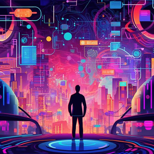 Background: A vibrant and dynamic background featuring a digital landscape with futuristic elements. This represents the digital economy and the exciting world of online entrepreneurship. Focal Point: In the center of the picture, there is an AI-driven instructor portrayed as a futuristic avatar or a combination of human and AI elements. This symbolizes the channel's focus on AI-driven knowledge and expertise. Action and Symbols: The instructor is shown engaging in an activity related to online entrepreneurship, such as holding a laptop, managing a digital marketing campaign, or analyzing data. This conveys the practicality and hands-on approach of the channel's content. Color Palette: A bold and contrasting color palette is used to make the design visually appealing and attention-grabbing. The colors should complement the overall theme of the channel and create a sense of excitement and energy. Typography: The channel's name, 