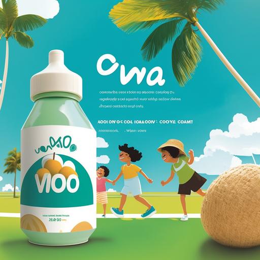Background: A vibrant, sunny park scene with children playing in the playground and adults playing basketball. Use light green grass, bright blue sky, and a few white fluffy clouds to create an energetic atmosphere. Main Image: A large illustration of a Vita Coco Coconut Water bottle, with a straw coming out of it, placed in the center of the poster. The bottle should be surrounded by fresh, green palm leaves to emphasize the organic and natural qualities of the product. Characters: Include cute, cartoon-style illustrations of your son and daughter on either side of the Vita Coco bottle, both holding a bottle and smiling. Make sure they look happy and enthusiastic about selling the coconut water. Text: Add bold, colorful text near the top of the poster that reads, 