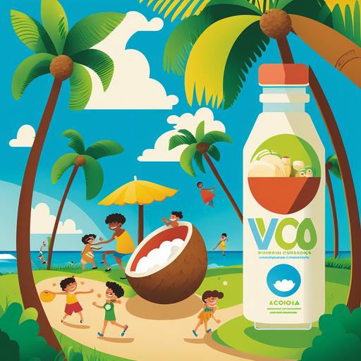 Background: A vibrant, sunny park scene with children playing in the playground and adults playing basketball. Use light green grass, bright blue sky, and a few white fluffy clouds to create an energetic atmosphere. Main Image: A large illustration of a Vita Coco Coconut Water bottle, with a straw coming out of it, placed in the center of the poster. The bottle should be surrounded by fresh, green palm leaves to emphasize the organic and natural qualities of the product. Characters: Include cute, cartoon-style illustrations of your son and daughter on either side of the Vita Coco bottle, both holding a bottle and smiling. Make sure they look happy and enthusiastic about selling the coconut water. Text: Add bold, colorful text near the top of the poster that reads, 