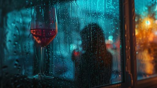 Background: In a building in the distance, a woman is standing behind the window holding a glass of red wine. The rain hits the glass, giving it a gloomy blue tone.Photorealistic, unreal engine, Surrealism style, --ar 16:9 --v 6.0