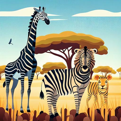 Background: Savanna landscape with tall grasses, trees, and a bright blue sky. Foreground: A group of three animals: a zebra, a giraffe, and a lion, standing together, looking off into the distance. Zebra: A black and white striped animal with a friendly expression Giraffe: A tall, slender animal with a long neck, and a curious expression Lion: A strong and majestic animal with a full mane