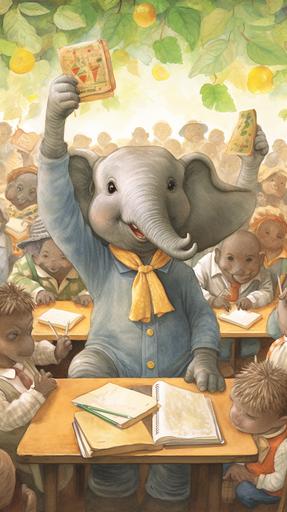 Background is elementary school, elephant teacher, students are squirrels, smiling, smiling faces,cute,full colour,flat colour,--niji --no outline --ar 9:16