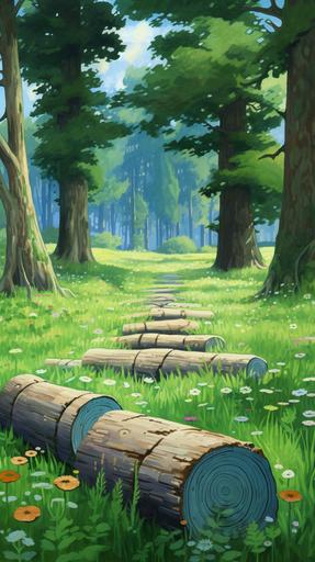 Background, meadow, large tree logs, small maze made of stone, ghibli style,,full colour,flat colour,illustration style,cute,full colour,flat--niji --no outline --ar 9:16