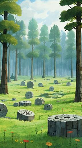 Background, meadow, large tree logs, small maze made of stone, ghibli style,,full colour,flat colour,illustration style,cute,full colour,flat--niji --no outline --ar 9:16