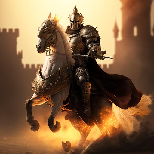 Backlight Avarice Knight a Marvel superhero riding an adorned white steed   intricately engraved armor on knight and horse, Gold and red and flat black tones only, still shot from action scene, dust clouds, castle turet in background, depth of field, hyperdetailed, golden hour, golden lighting, octane render, unreal engine 5, 8k, HD, --v 4 --q 2