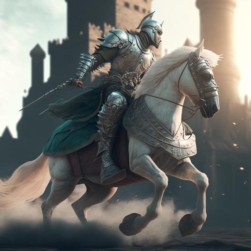 Backlight Avarice Knight a Marvel superhero riding an adorned white steed, siver and sea foam green tones only, still shot from action scene, dust clouds, castle turet in background, depth of field, hyperdetailed, octane render, unreal engine 5, 8k, HD, --v 4 --q 2