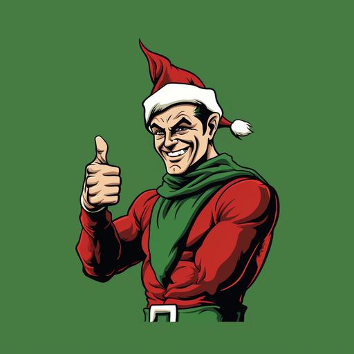 Badass elf, Christmas stocking hat, minimalist cartoon, аngular style, Bruce Timm comic, Christmas Elf giving thumbs up, santa claus winter hat, green cape, large elf ears, muscular, superhero, Timmverse style, Art Deco architecture style, Dark deco, full charcter, 2 color, hard lines, smiling, vector, feet and legs, low angle