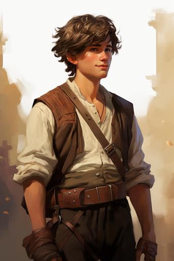 Baker boy about to become an adventurer, short brown hair, D&D character design --ar 2:3