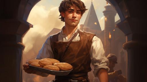 Baker boy about to become an adventurer, short brown hair, D&D character design --ar 16:9