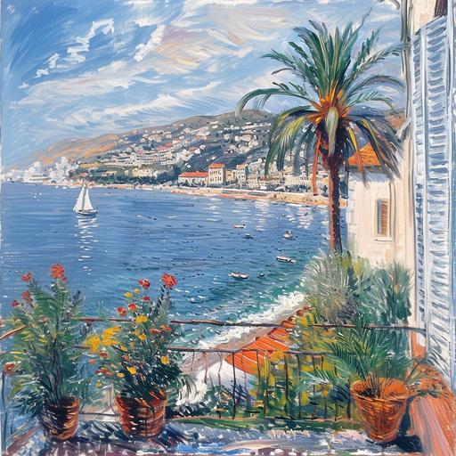Balcony view of Canne in South France during summer by claude monet --v 6.0