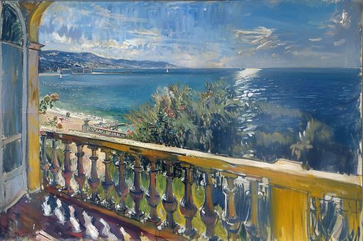 Balcony view of Canne in South France during summer by claude monet --ar 3:2