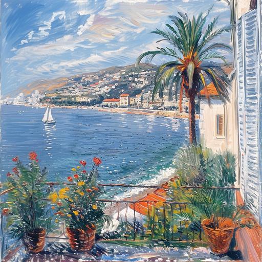 Balcony view of Canne in South France during summer by claude monet --v 6.0