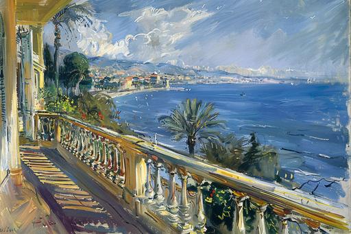 Balcony view of Canne in South France during summer by claude monet --ar 3:2
