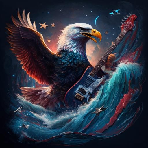 Bald Eagle with american flag colored wings, playing an electric guitar with both of its talons, flying over the ocean at night, stars and planets above
