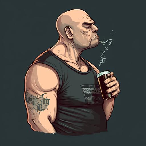 Bald guy with muscular arms and a beer gut. Wearing a black tanktop and smoking a slim cigarette. Sleepy face