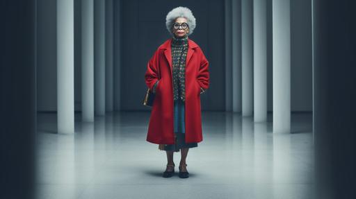 Balenciaga model full-length portrait shot in a bright, spacious European-style gallery Korean female model in her 70s with glasses Afro hair with plenty of headroom --ar 16:9 --upbeta --q 2 --s 750 --v 5