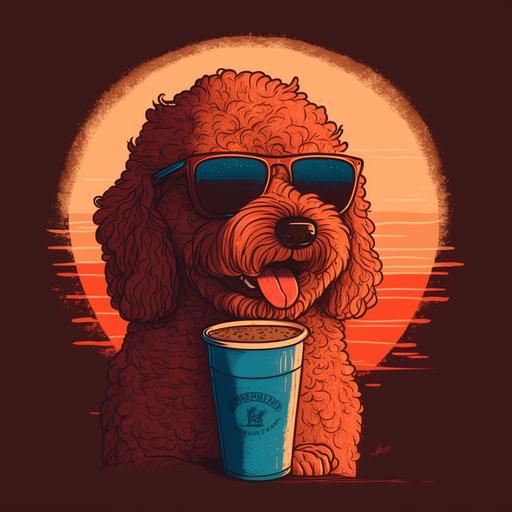 dark red goldendoodle, cartoon, with coffee on sunset, happier than ever, wearing sunglasses