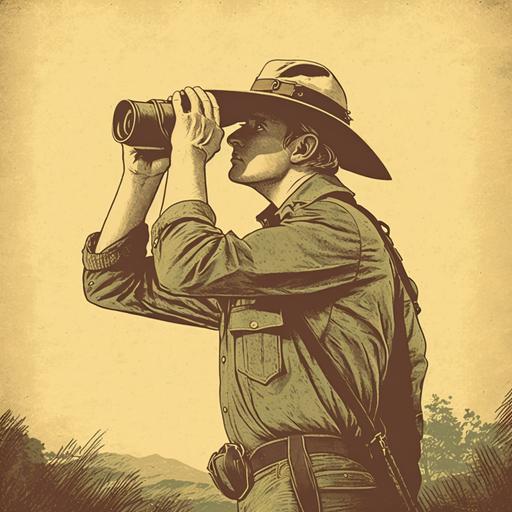old poster of a park ranger using binoculars, vintage, grainy, rough