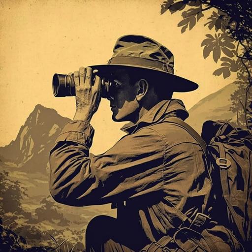 old poster of a park ranger using binoculars, vintage, grainy, rough
