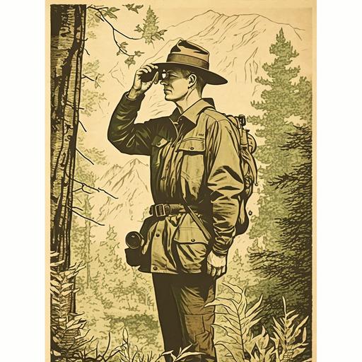 old poster of a park ranger using binoculars, vintage, grainy, rough, 9x16