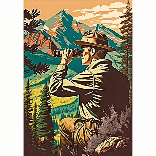 old poster of a park ranger using binoculars, vintage, grainy, rough, 9x16, colorful, mountains in background, pinetrees