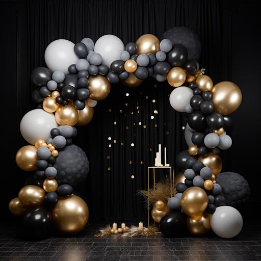 Balloon arch arrangement for a gender reveal, background, Scandinavian design, built in led display, gold and black , modern Nordic, modern art and sculptures, discrete exclusive minimalistic, photo-realistic