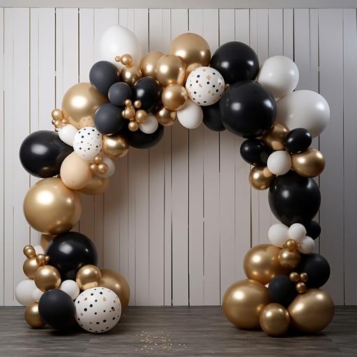 Balloon arch arrangement for a gender reveal, background, Scandinavian design, built in led display, gold and black , modern Nordic, modern art and sculptures, discrete exclusive minimalistic, photo-realistic