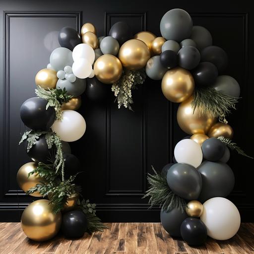 Balloon arch arrangement for a gender reveal, background, Scandinavian design, built in led display, gold and black , modern Nordic, modern art and sculptures, discrete exclusive minimalistic, photo-realistic