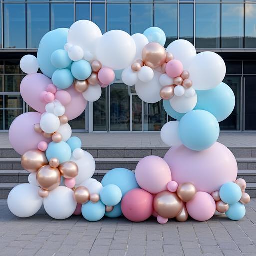 Balloon arch arrangement for a gender reveal, background, Scandinavian design, built in led display, subtle colours, modern Nordic, modern art and sculptures, discrete exclusive minimalistic, photo-realistic