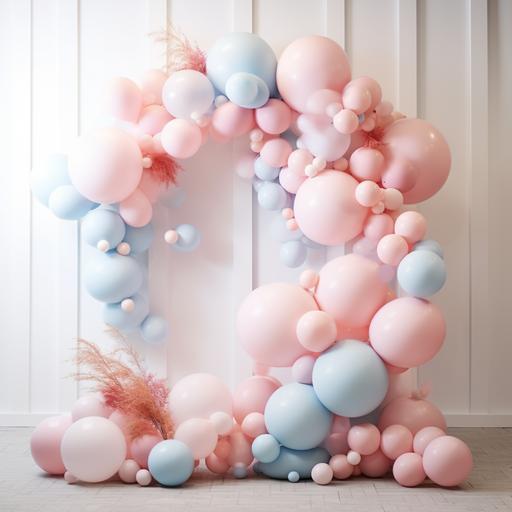 Balloon arch arrangement for a gender reveal, background, Scandinavian design, built in led display, subtle colours, modern Nordic, modern art and sculptures, discrete exclusive minimalistic, photo-realistic