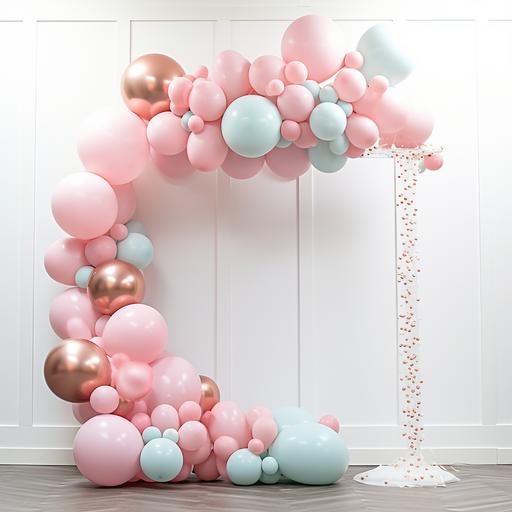 Balloon arch arrangement for a gender reveal, background, Scandinavian design, built in led display, subtle colours, modern Nordic, modern art and sculptures, discrete exclusive minimalistic, photo-realistic