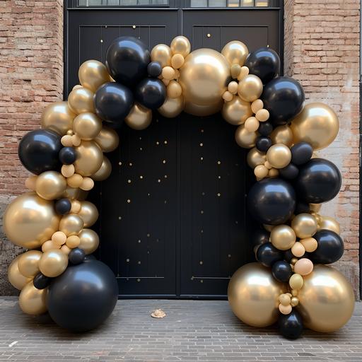 Balloon arch arrangement for a gender reveal, background, Scandinavian design, built in led display, gold and black , modern Nordic, modern art and sculptures, discrete exclusive minimalistic, photo-realistic