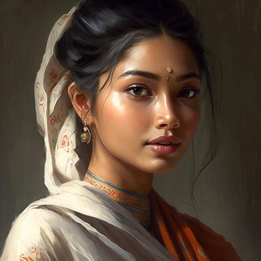 Bangladeshi girl in saree, roundish square shaped face, sharp jawline, big and puffy eyes, thin lips. Mongoloid nose, cream colored skin,cute, beautiful.