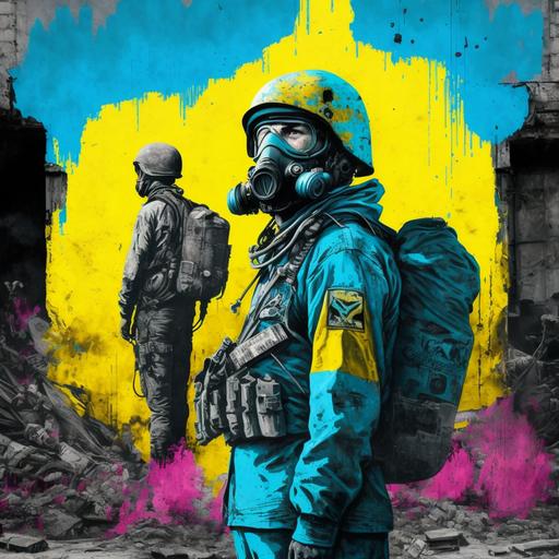 Banksy street art, war in ukraine, cyan yellow magenta, spray paint art, street art, hyperdetailed, street scene, --v 4 --q 2