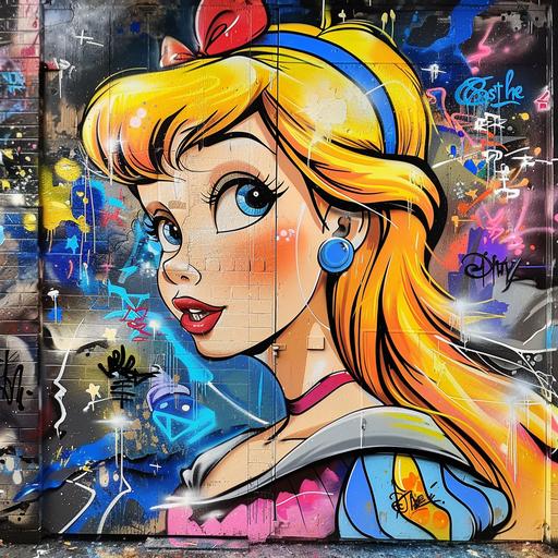 Banksy style graffiti paint a lot of Disney princesses and princes cartoon characters