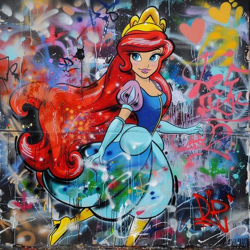 Banksy style graffiti paint a lot of Disney princesses and princes cartoon characters