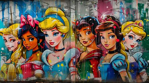 Banksy style graffiti paint a lot of Disney princesses and princes cartoon characters --ar 16:9