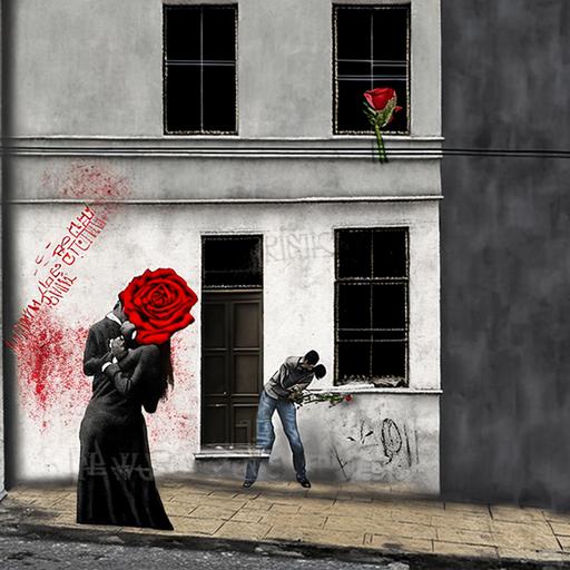 Bansky style mural of domestic violence, man with feasts towards woman’s face, triste house facade, one red rose on the street in front of it, street artist holding a spray can , detailed, realistic, dramatic, - - testp, - - 365 - - ar 2:3