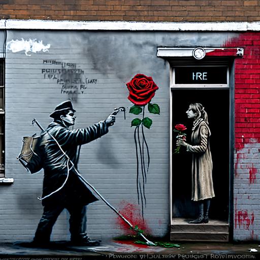Bansky style mural of domestic violence, man with feasts towards woman’s face, triste house facade, one red rose on the street in front of it, street artist holding a spray can , detailed, realistic, dramatic, - - testp, - - 365 - - ar 2:3