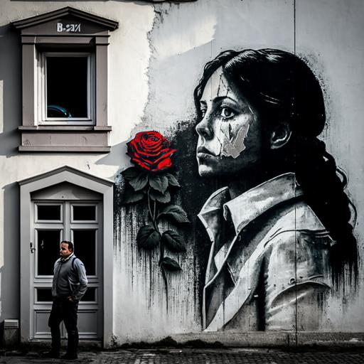 Bansky style mural of domestic violence, man with feasts towards beautiful woman’s face, triste house facade, one red rose on the street in front of it, street artist holding a spray can , detailed, realistic, dramatic, - - testp, - - 365 - - ar 2:3