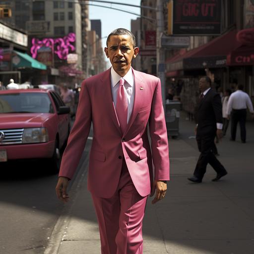 Barack Obama caminando por New York con un traje caro color rosado y corbata color rosado. imagen hiperrealista