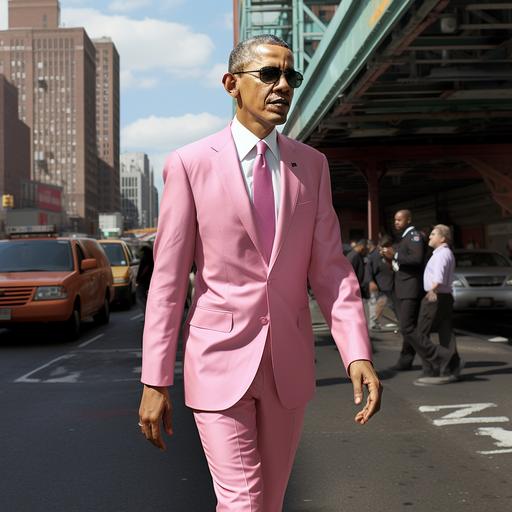 Barack Obama caminando por New York con un traje caro color rosado y corbata color rosado. imagen hiperrealista