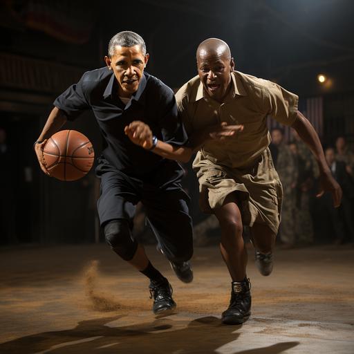 Barack Obama playing a pickup basketball against George Washington, Obama is losing, photo real, 64k HD, --s 750