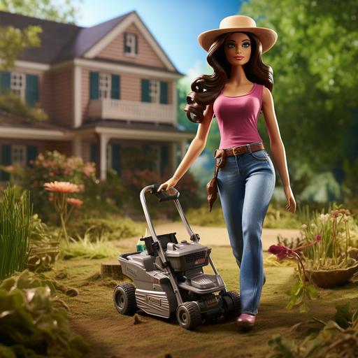 Barbie with dark brown hair , is dressed in jeans and T-shirt with a straw hat, she's mowing the lawn of her house