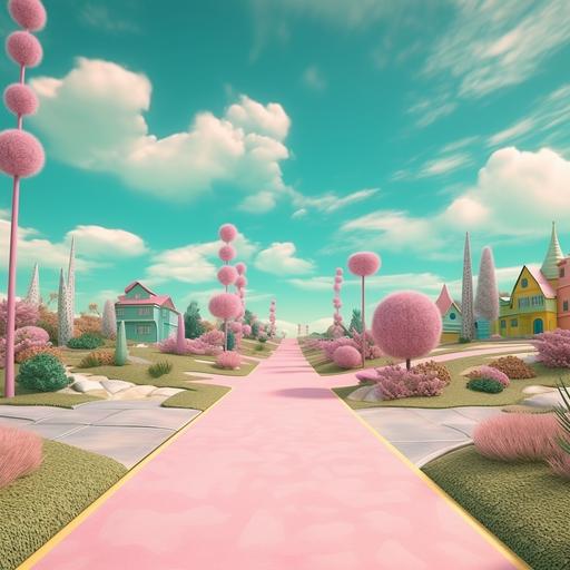 Barbieland themed scenery background. Wide angle. Looking into the scenery. Focus on pastel colours, light pastel pink, pastel yellow, cream and here and there teal/blueish accents. Add grain. Slight retro aesthetic.